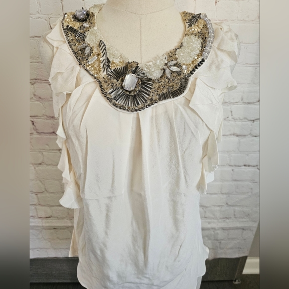 Hannah Jo Silk Top w/ Removable Intricate Bib Necklace | Cream | Small | EUC - Picture 3 of 10